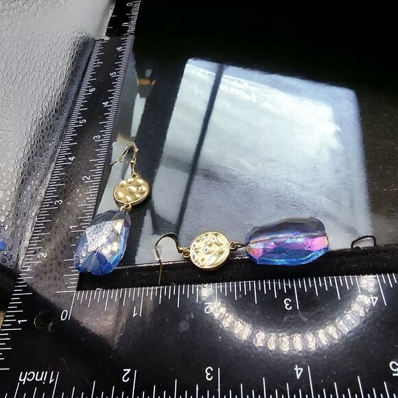 Pierced Earrings Blue Crystal AB Coated Hammered Coin Dangle Gold Tone Jewelry - Picture 2 of 6